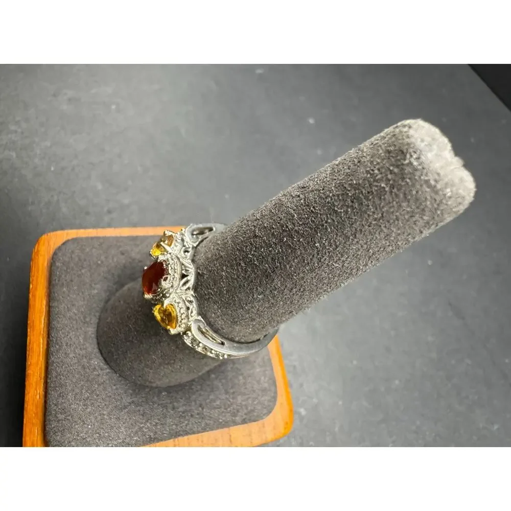 Vintage Sterling Silver 925 Hessonite Citrine Three Stone Halo Ring Accent